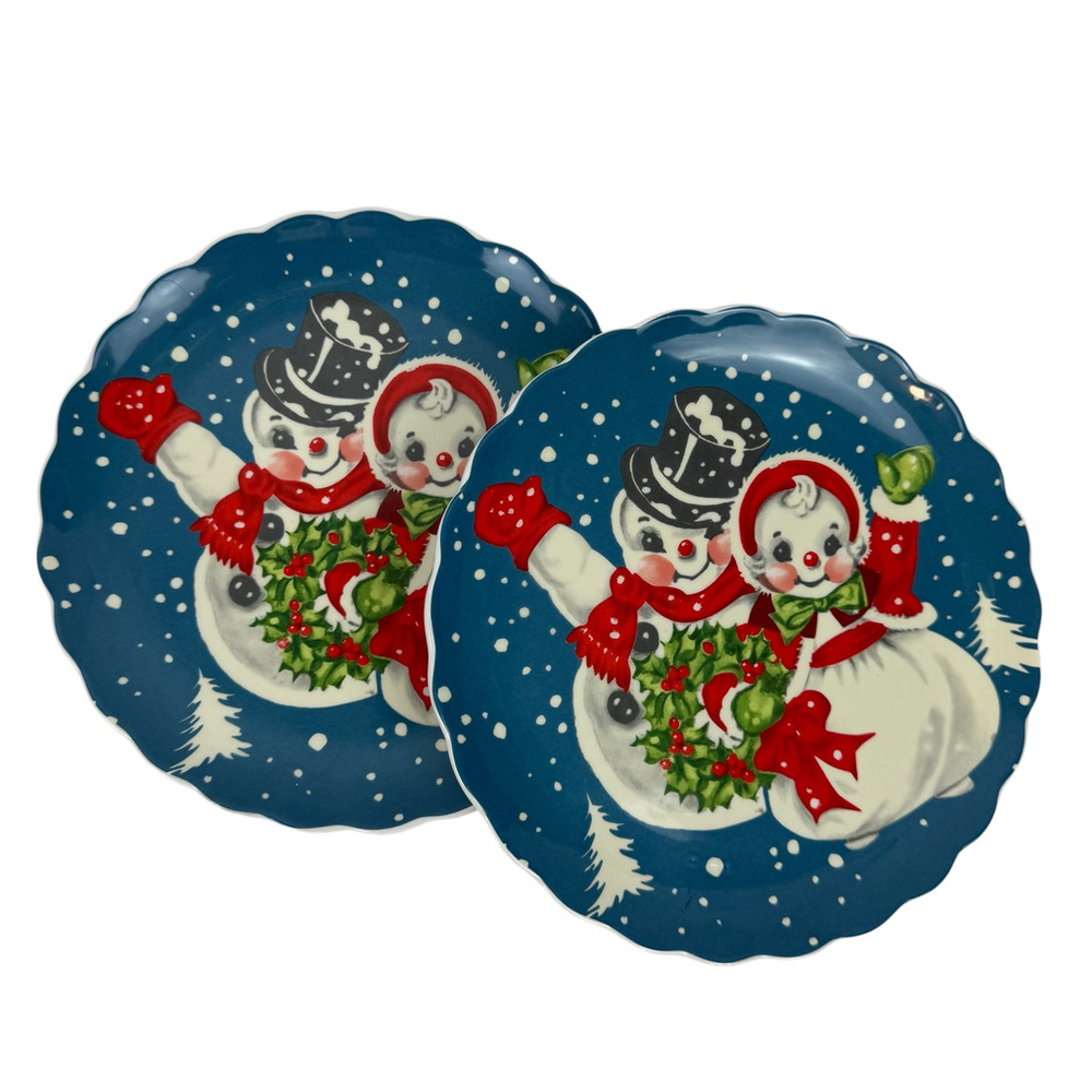 Mr Christmas Snowman Plates Set of 2 8" Dinnerware Ceramic Desert Holiday Decor